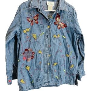 Vintage 90s boho sequin beaded butterfly floral chambray denim button up medium